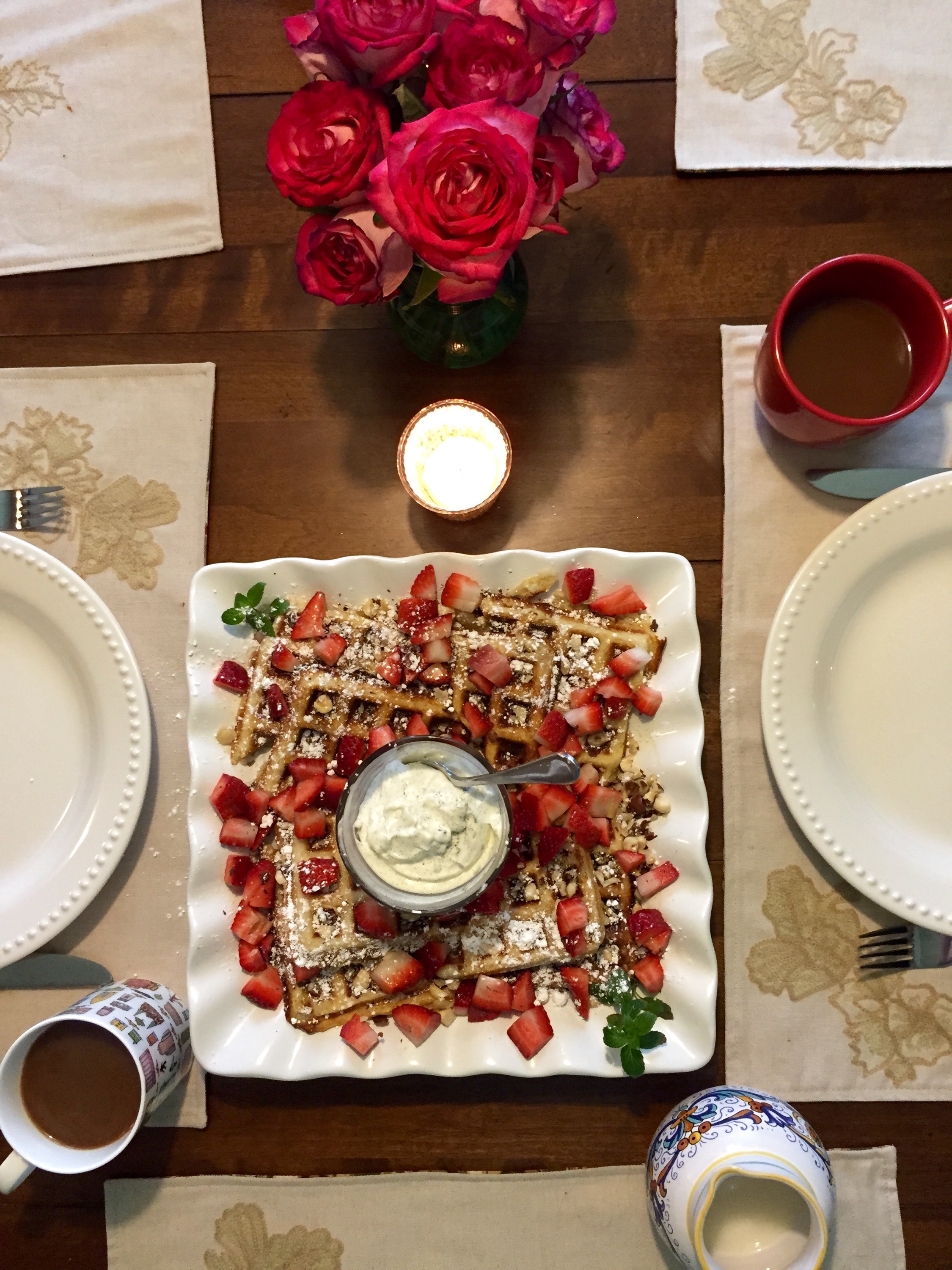 Belgian Waffles with Hazelnuts, Strawberries, and Marscapone Cream