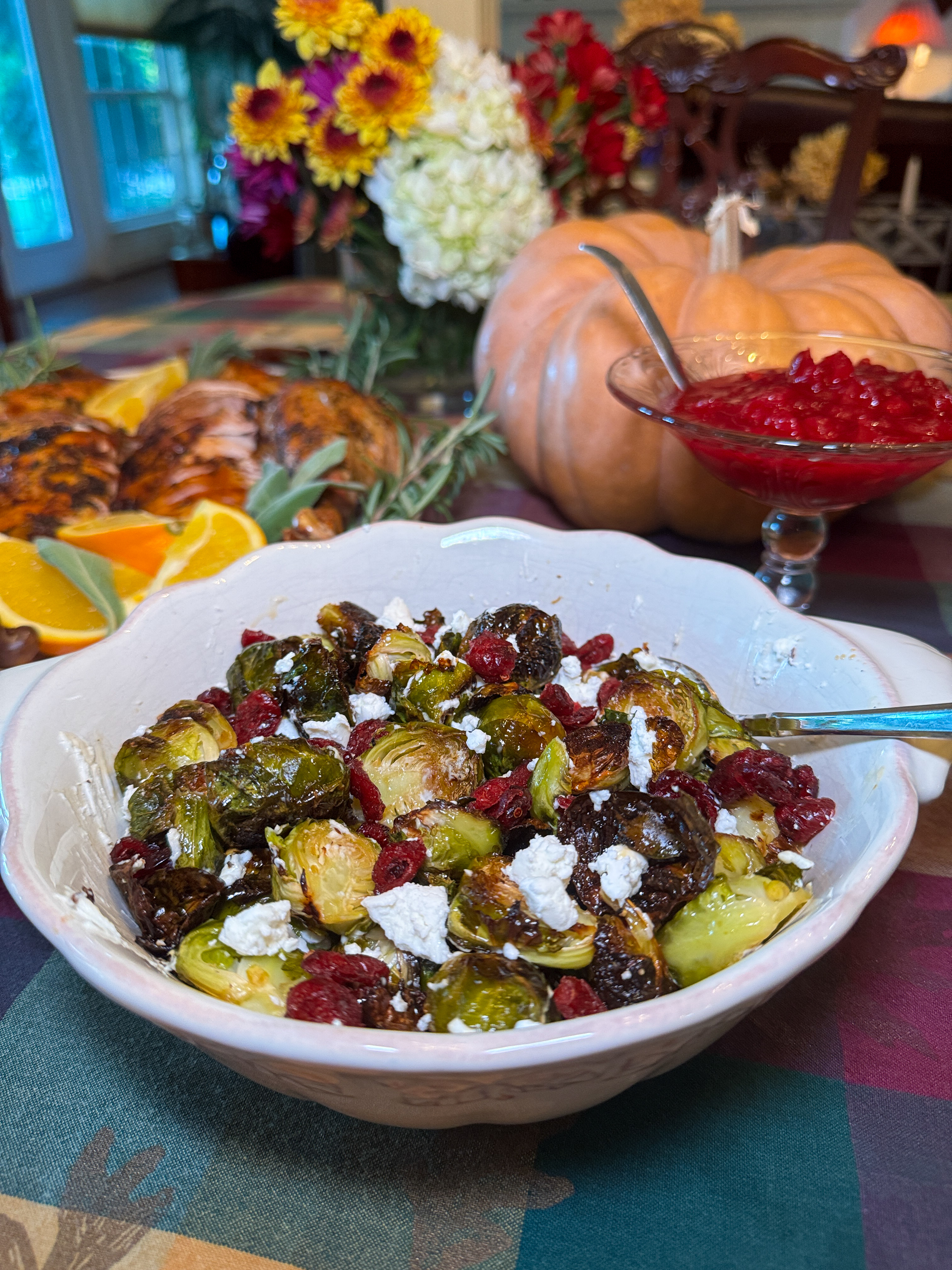 Maple Roasted Brussels Sprouts with Cranberries and Goat Cheese